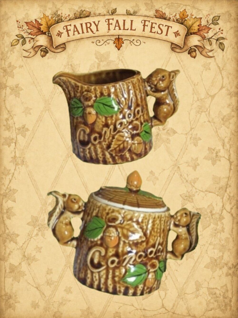 Woodland Whispers 🍃🧚‍♂️ Vintage Japan Squirrel Cream & Sugar Ceramic Set